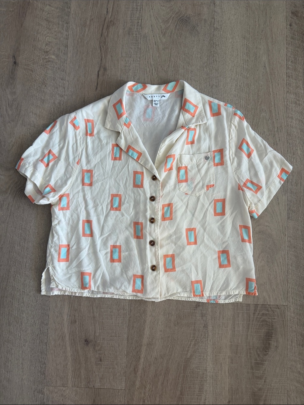 Rusty Sunset Boxy Cropped Button Front Shirt Geometric Print Cream XL